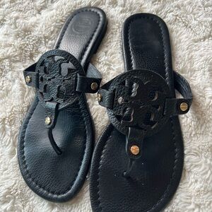 Tory Burch Black Leather Sandals with Gold Accents